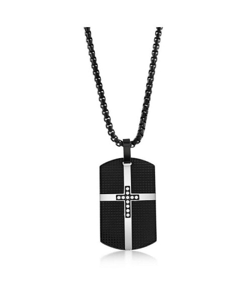 Stainless Steel Black Plated Cross Dog Tag CZ Necklace