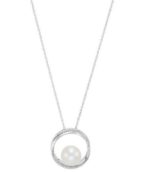 Cultured Freshwater Pearl (9mm) & Diamond (1/10 ct. t.w.) Circle 18" Pendant Necklace in 14k White Gold