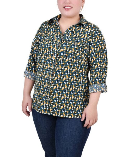 Plus Size 3/4 Sleeve Roll Tab Notch Collar Blouse