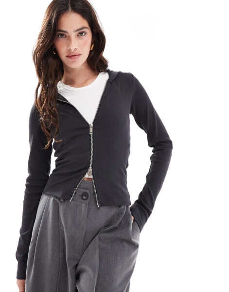 JJXX two way zip hooded long sleeve top in washed dark grey