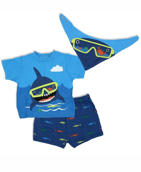 Baby Boys Shark Shorts, T Shirt and Bib, 3 Piece Set