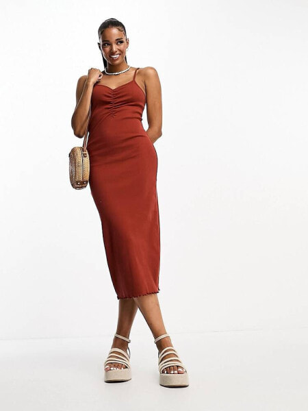 Pieces exclusive ruched front cami midi dress in rust
