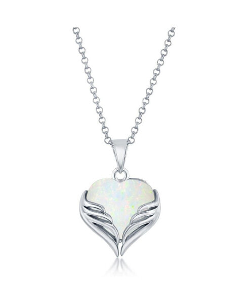 Sterling Silver Opal Heart Angel Wings Pendant