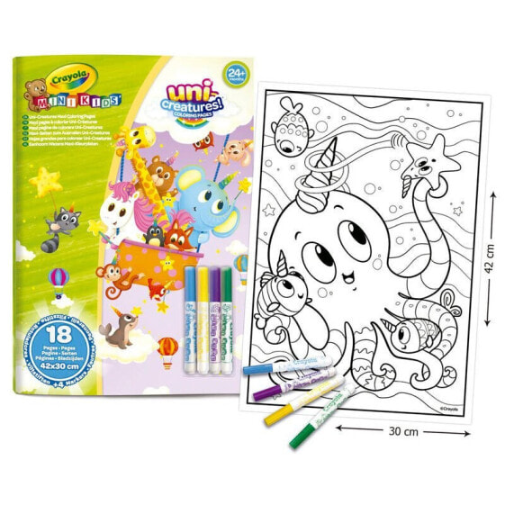 Crayola Mini Kids Uni-Creatures Набор для малышей: Раскраска, 18 листов + Смываемые фломастеры, 4 шт.