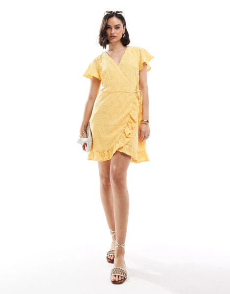 Vila jersey broderie wrap mini dress in yellow