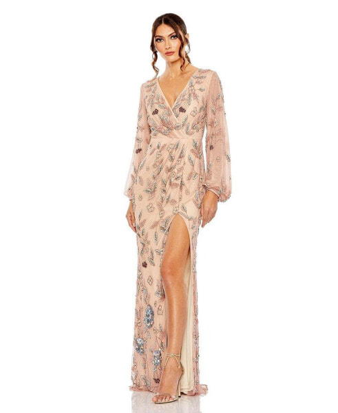 Women's Long Sleeve Floral Beaded V Neck Gown w/ Slit