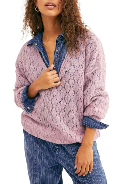 Free People Womens Say Hello Wool Blend Open Stitch Pullover Sweater Lilac S