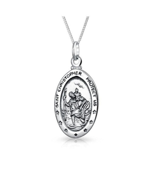 Parton Of Safe Travel "Protect Us" Medal Medallion Oval Saint Christopher Pendant Necklace For Women .925 Sterling Silver