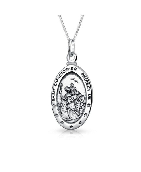 Bling Jewelry parton Of Safe Travel "Protect Us" Medal Medallion Oval Saint Christopher Pendant Necklace For Women .925 Sterling Silver