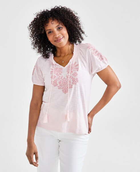 Petite Vacay Embroidered Tassel-Tie Top, Created for Macy's