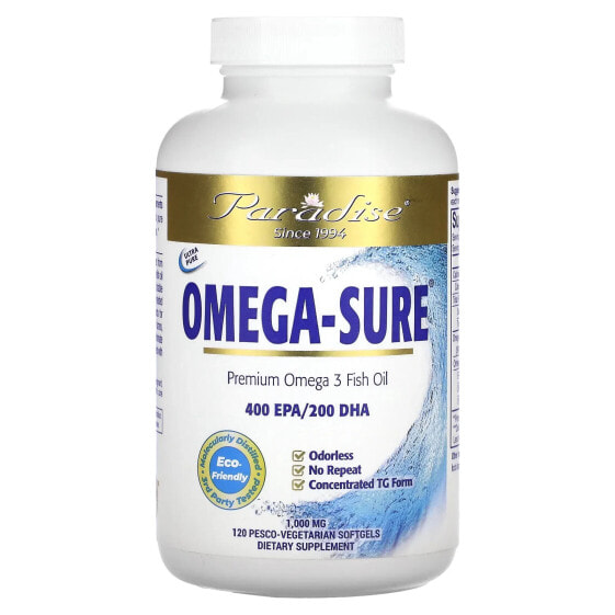 БАД Омега-3 Paradise HerbsOmega-Sure, Преимиум рыбий жир, 1,000 мг, 120 пескo-вегетарианских капсул