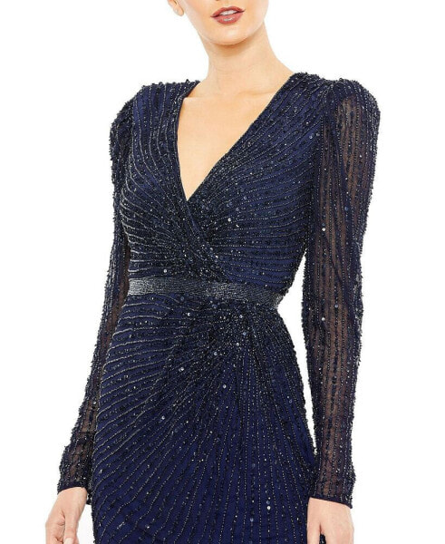 Women's Sequined Wrap Over Long Sleeve Gown