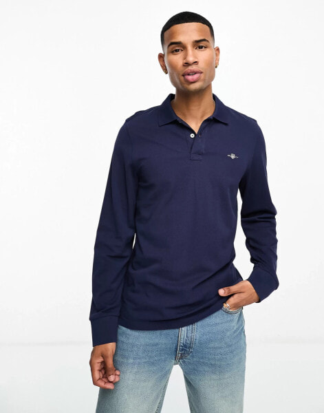 GANT – Langärmliges Pikee-Poloshirt in Marineblau mit normalem Schnitt und Schild-Logo