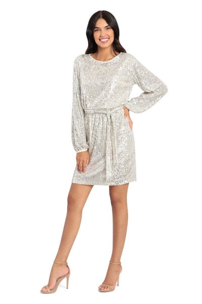 Maggy London 301550 Women's Sequin Stretch Bishop Sleeve Shift Silver Size 6
