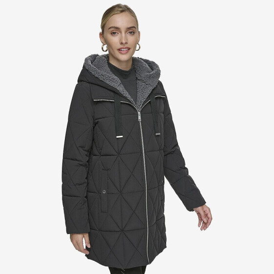 Islee Quilted Womens's Puffer Coat With Popcorn Sherpa Trimming and Removable Hooded Bib