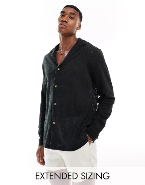 ASOS DESIGN relaxed deep revere collar textured shirt in black