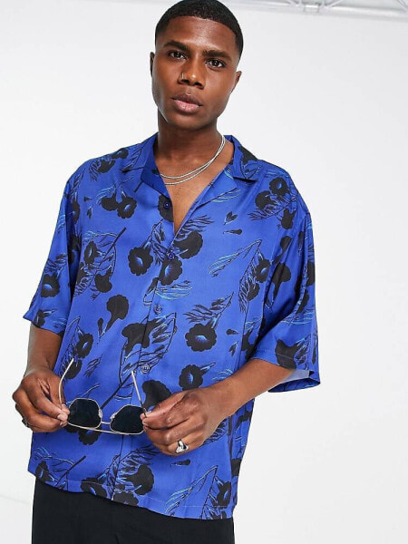 ASOS DESIGN dropped shoulder oversized revere satin shirt in blue floral print