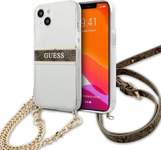 Guess Etui Guess GUHCP13SKC4GBGO Apple iPhone 13 mini Transparent hardcase 4G Brown Strap Gold Chain