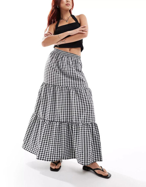 Miss Selfridge tiered maxi gingham skirt