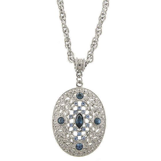 Silver-Tone Dark and Light Blue Crystal Filigree Oval Pendant Necklace 16" Adjustable