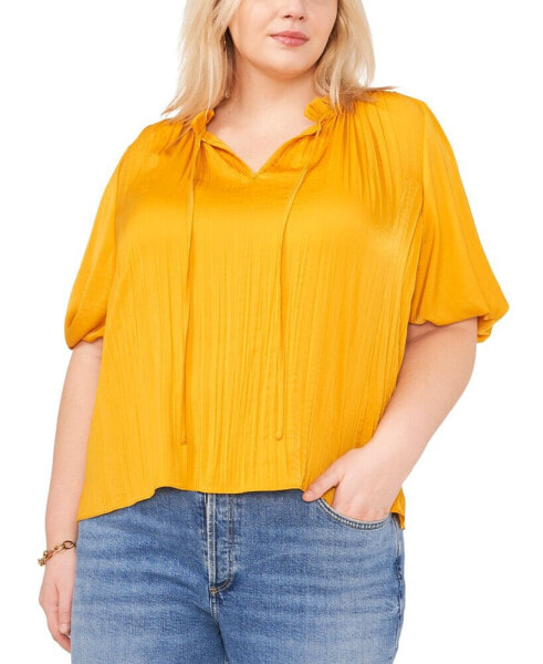 Plus Size Pleated Puff-Sleeve Blouse