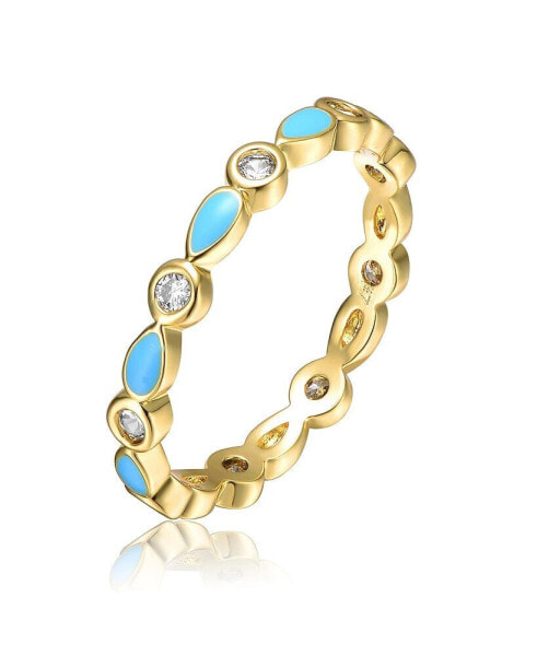 Kids/Teens 14k Yellow Gold Plated with Cubic Zirconia Colorful Marquise Turquoise Enamel Stacking Ring