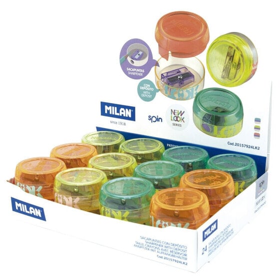 MILAN Display Box 24 Spin Pencil Sharpeners With Container New Look Series