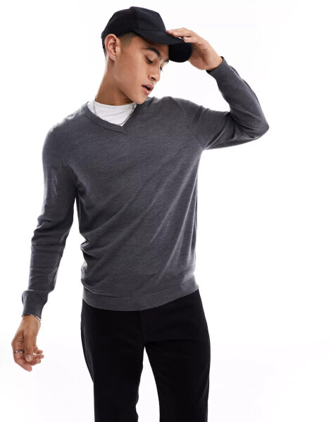 ASOS DESIGN knitted merino wool v- neck jumper in grey