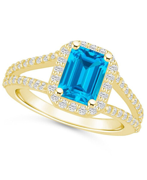 Blue Topaz (2 ct. t.w.) and Diamond (1/2 ct. t.w.) Halo Ring in 14K Yellow Gold