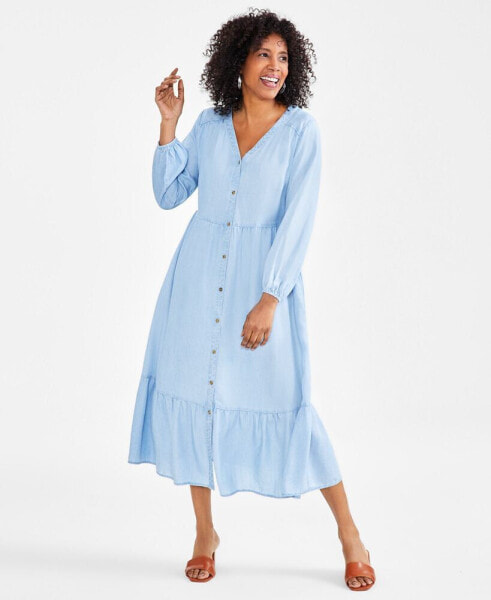 Petite Chambray V-Neck Tiered Shirtdress, Created for Macy's