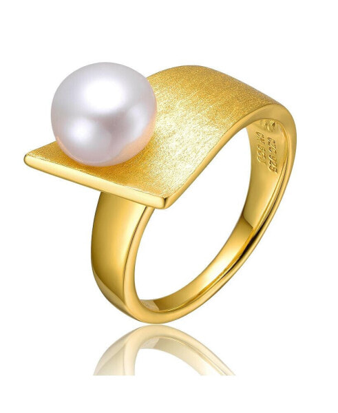 Chic Sterling Silver 14K Gold Plated with Genuine Freshwater Pearl Linear Ring