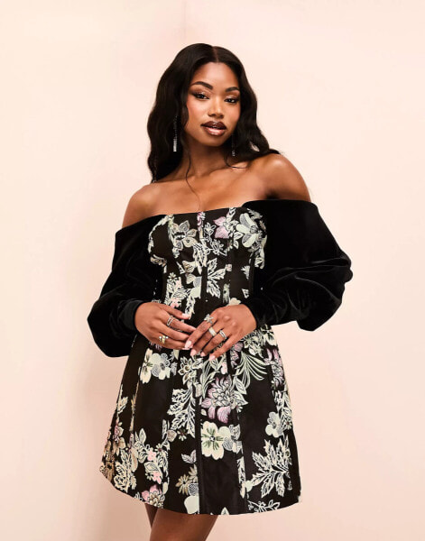 ASOS LUXE off shoulder jacquard mini dress with velvet sleeves in black floral