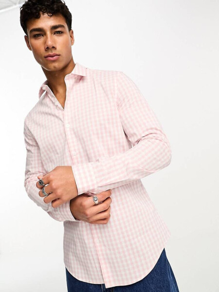 ASOS DESIGN stretch slim work shirt in pink check 