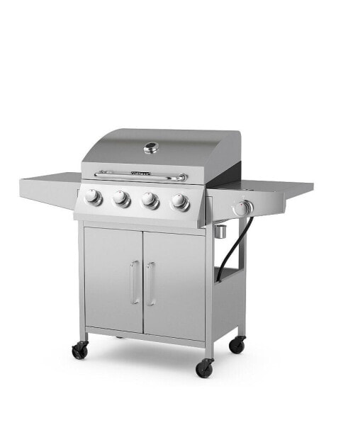 50000BTU 5-Burner Propane Gas Grill with Side Burner and 2 Prep Tables-Silver