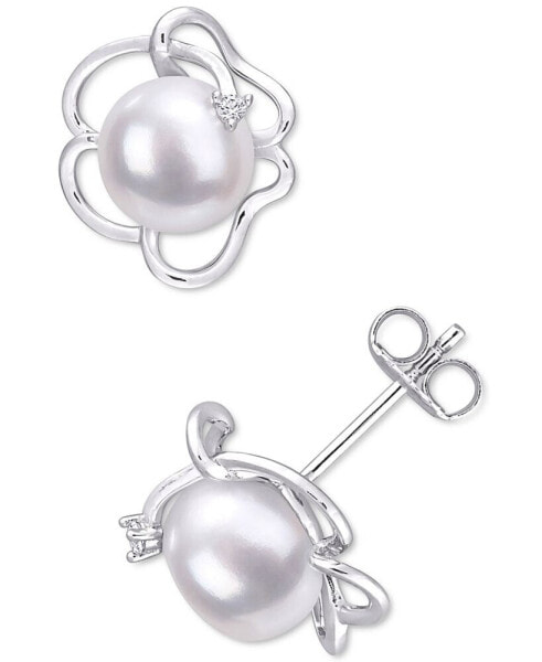 Cultured Freshwater Pearl (7-1/2mm) & Lab-Created White Sapphire Accent Flower Stud Earrings in Sterling Silver