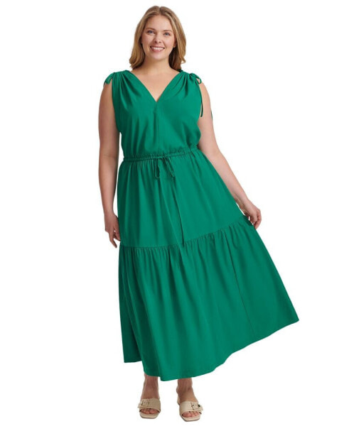 Plus Size V-Neck Sleeveless Tiered Midi Dress