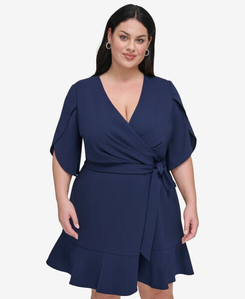Plus Size Tulip-Sleeve Faux-Wrap Dress