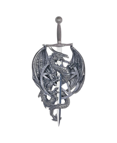 11"H Medieval Silver Dragon with Sword Statue Wall Plaque Home Decor Perfect Gift for House Warming, Holidays and Birthdays
