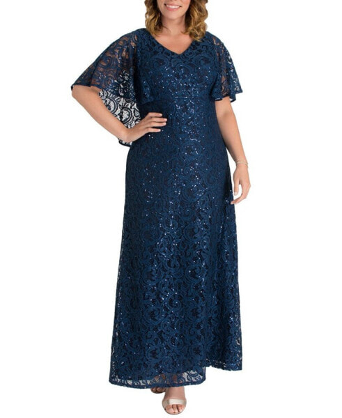 Women's Plus Size Celestial Cape Sleeve Sequined Lace Gown