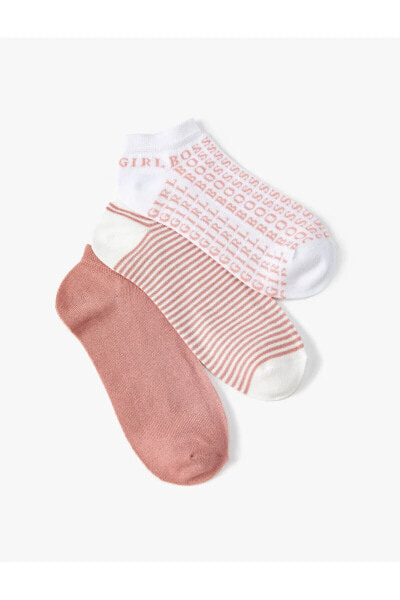 Çizgili 3'lü Patik Çorap Seti Slogan Detaylı Çok Renkli