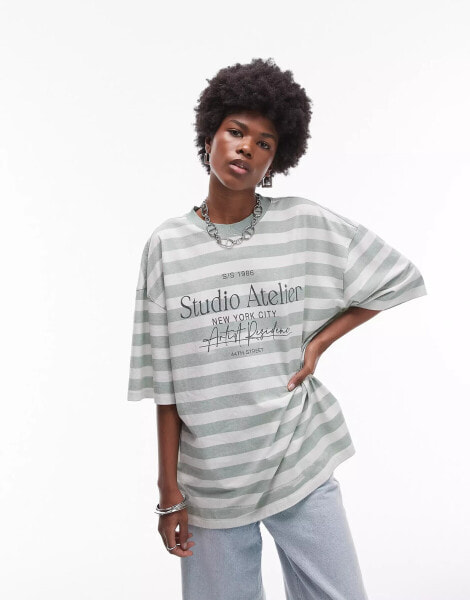 Topshop graphic studio atelier stripe oversized tee in green