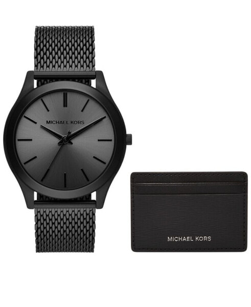 Men's Runway Three-Hand Black Stainless Steel Mesh Watch 44mm and Wallet Gift Set