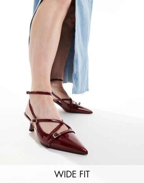 ASOS DESIGN Wide Fit Scottie buckle detail kitten heeled shoes in burgundy