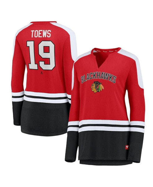 Women's Jonathan Toews Red and Black Chicago Blackhawks Power Player Long Sleeve Notch Neck T-shirt