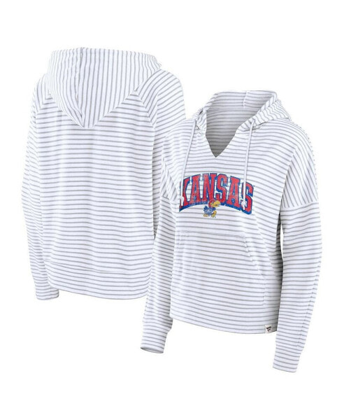 Women's White/Gray Kansas Jayhawks Arch Logo Striped Notch Neck Pullover Hoodie