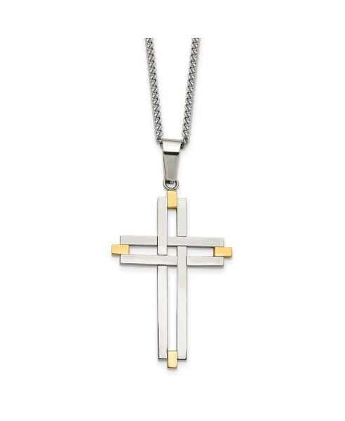 Chisel polished Yellow IP-plated Cross Pendant Curb Chain Necklace
