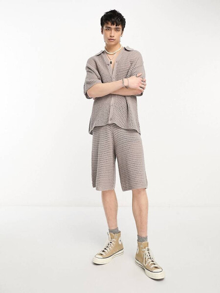 COLLUSION crochet longline shorts in grey co-ord 