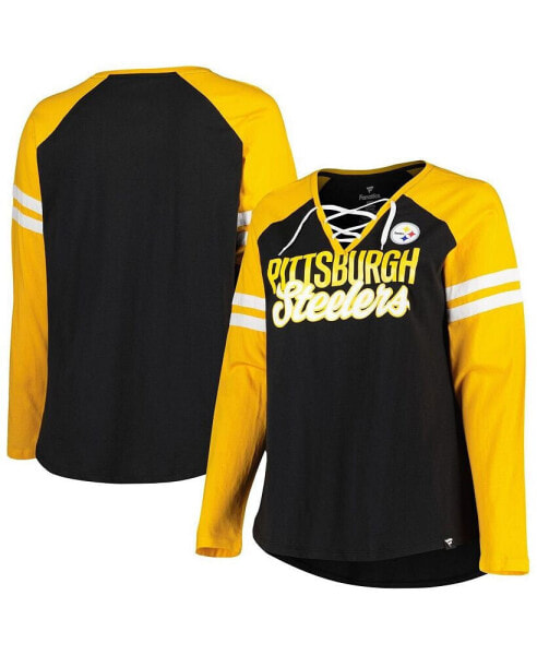 Women's Black, Gold Pittsburgh Steelers Plus Size True to Form Lace-Up V-Neck Raglan Long Sleeve T-shirt