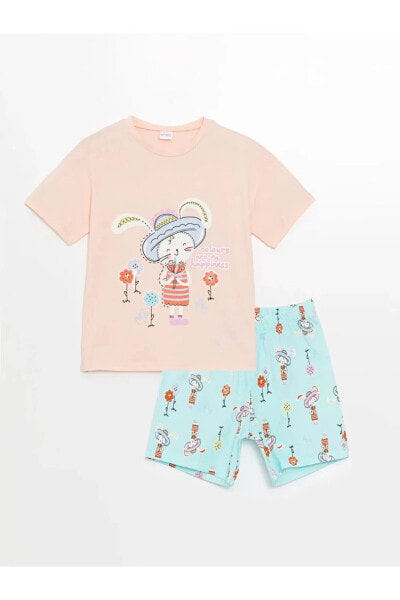 LCW Kids Bisiklet Yaka Baskılı Kısa Kollu Kız Çocuk Şortlu Pijama Takımı