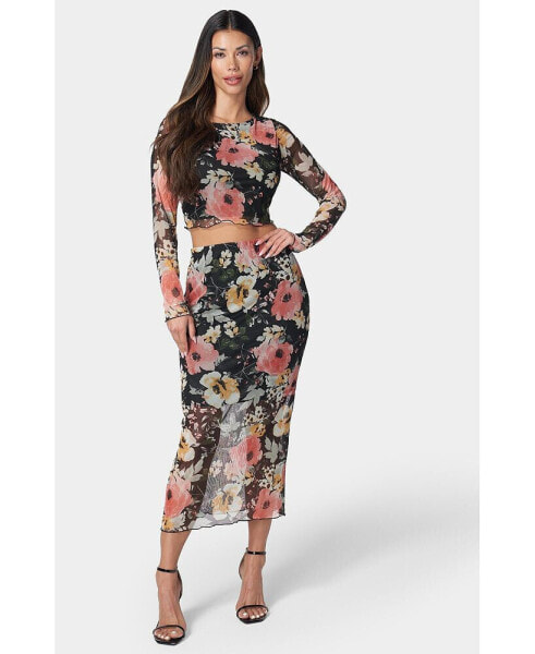 Women's Mesh Printed Two Piece Long Sleeve Set